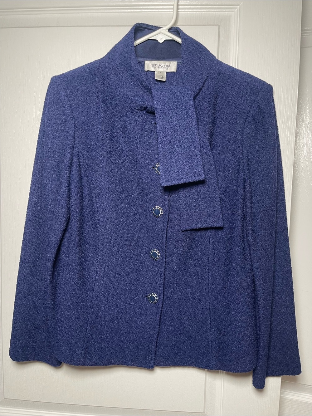 St. John Collection Textured Knit Crossover Scarf Collar Jacket Navy Blue Size 8